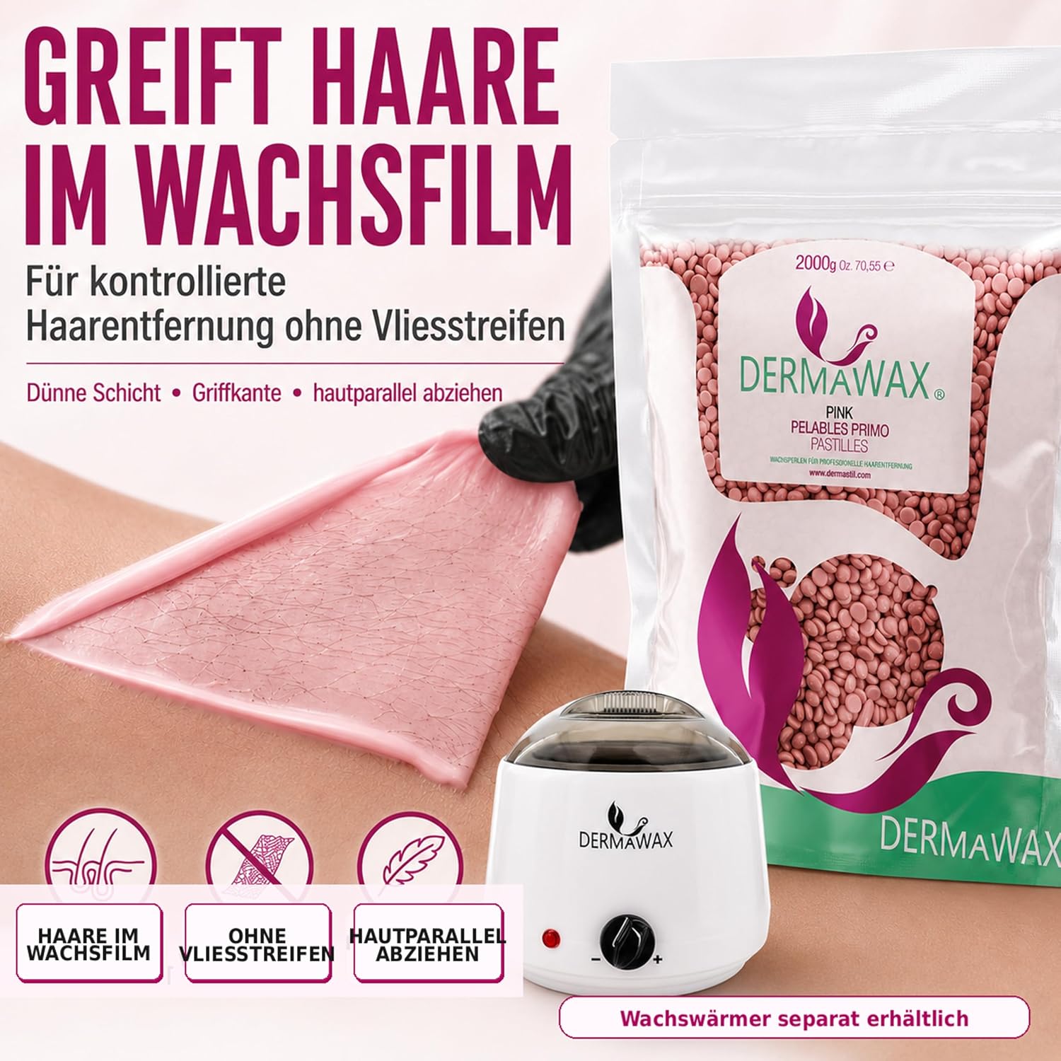 Dermawax Pink Rose TIO2 Wachsperlen - Heißwachs ohne Vliesstreifen
