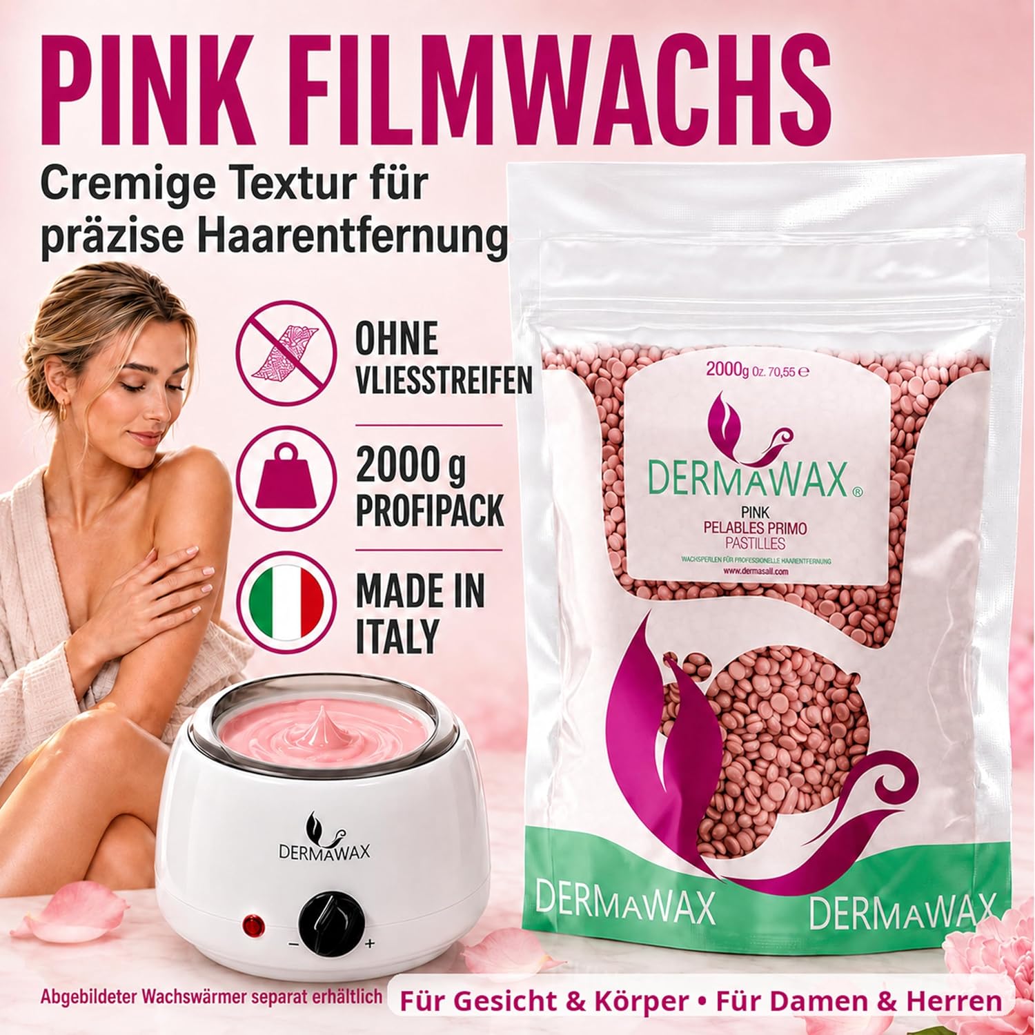 Dermawax Pink Rose TIO2 Wachsperlen - Heißwachs ohne Vliesstreifen