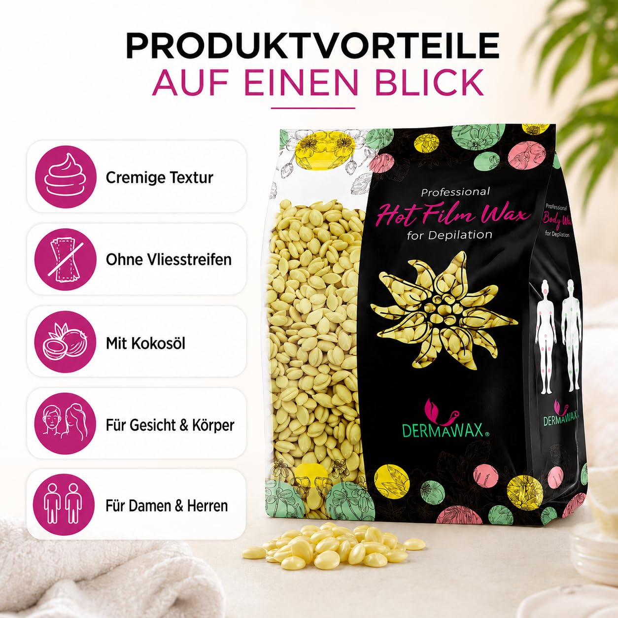 Dermawax Weiße Schokolade Wachsperlen - Sanftes Stripless Waxing für Männer & Frauen