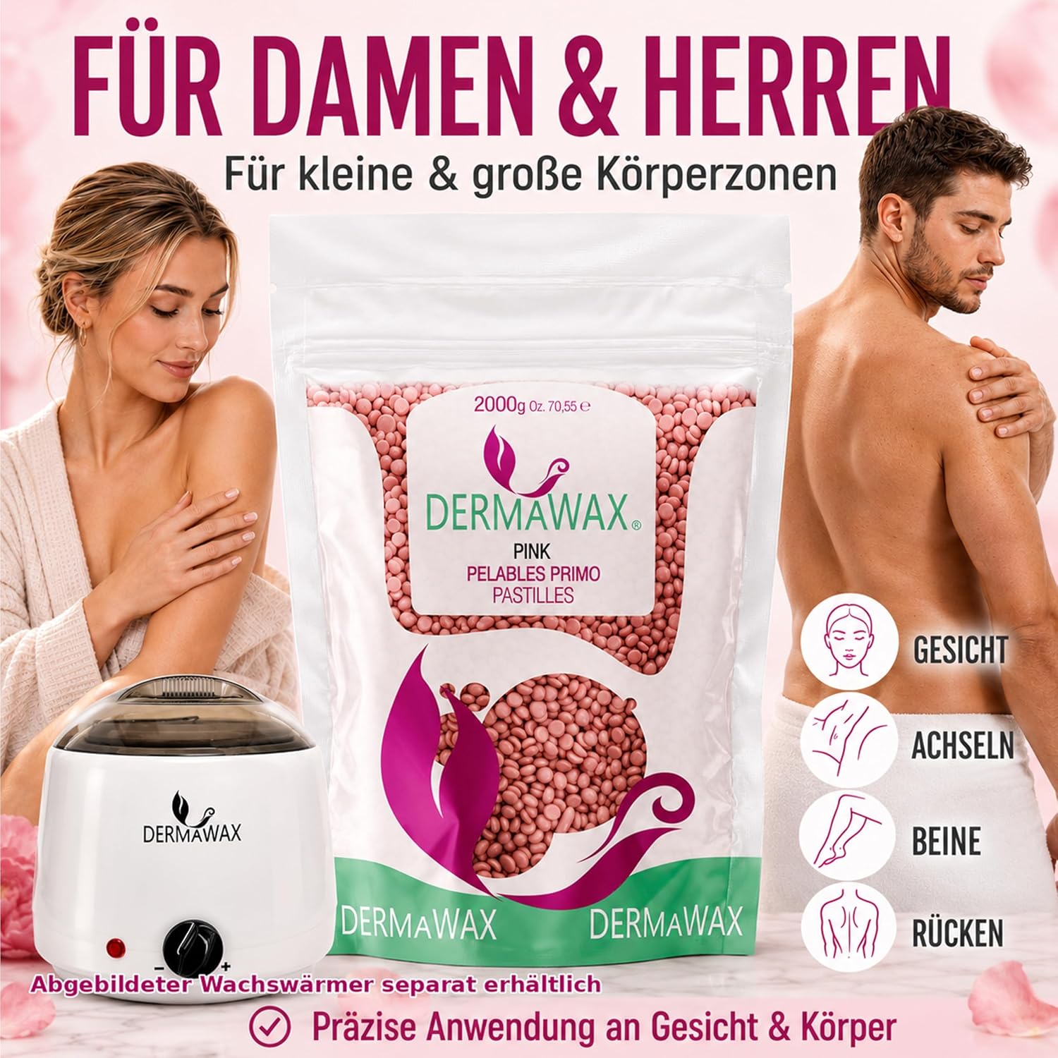 Dermawax Pink Rose TIO2 Wachsperlen - Heißwachs ohne Vliesstreifen