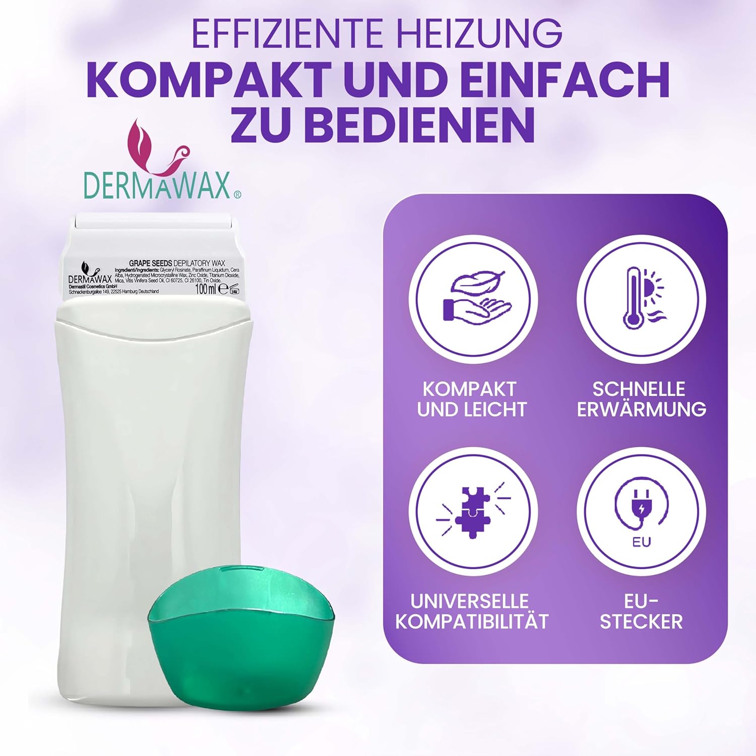 Dermawax Roll-On Wachswärmer Set Traubenkernöl - 25 W, 100 ml