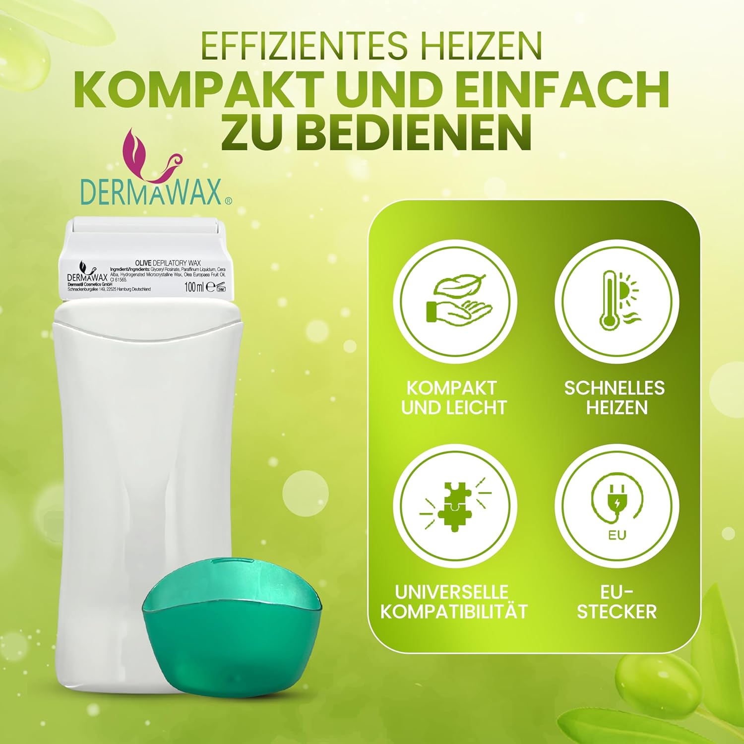 Dermawax Roll-On Wachswärmer Set Olive - 25 W, 100 ml