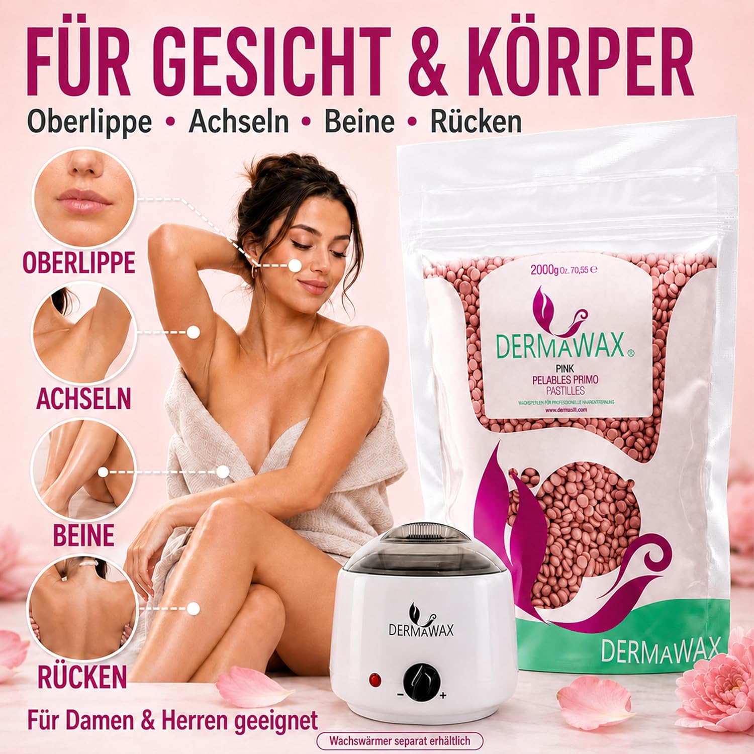 Dermawax Pink Rose TIO2 Wachsperlen - Heißwachs ohne Vliesstreifen