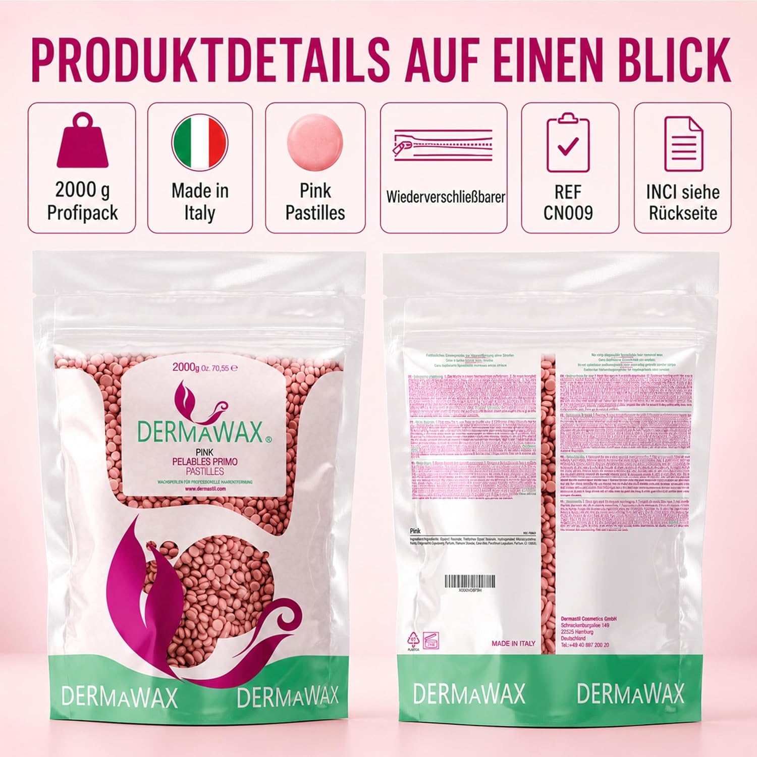 Dermawax Pink Rose TIO2 Wachsperlen - Heißwachs ohne Vliesstreifen