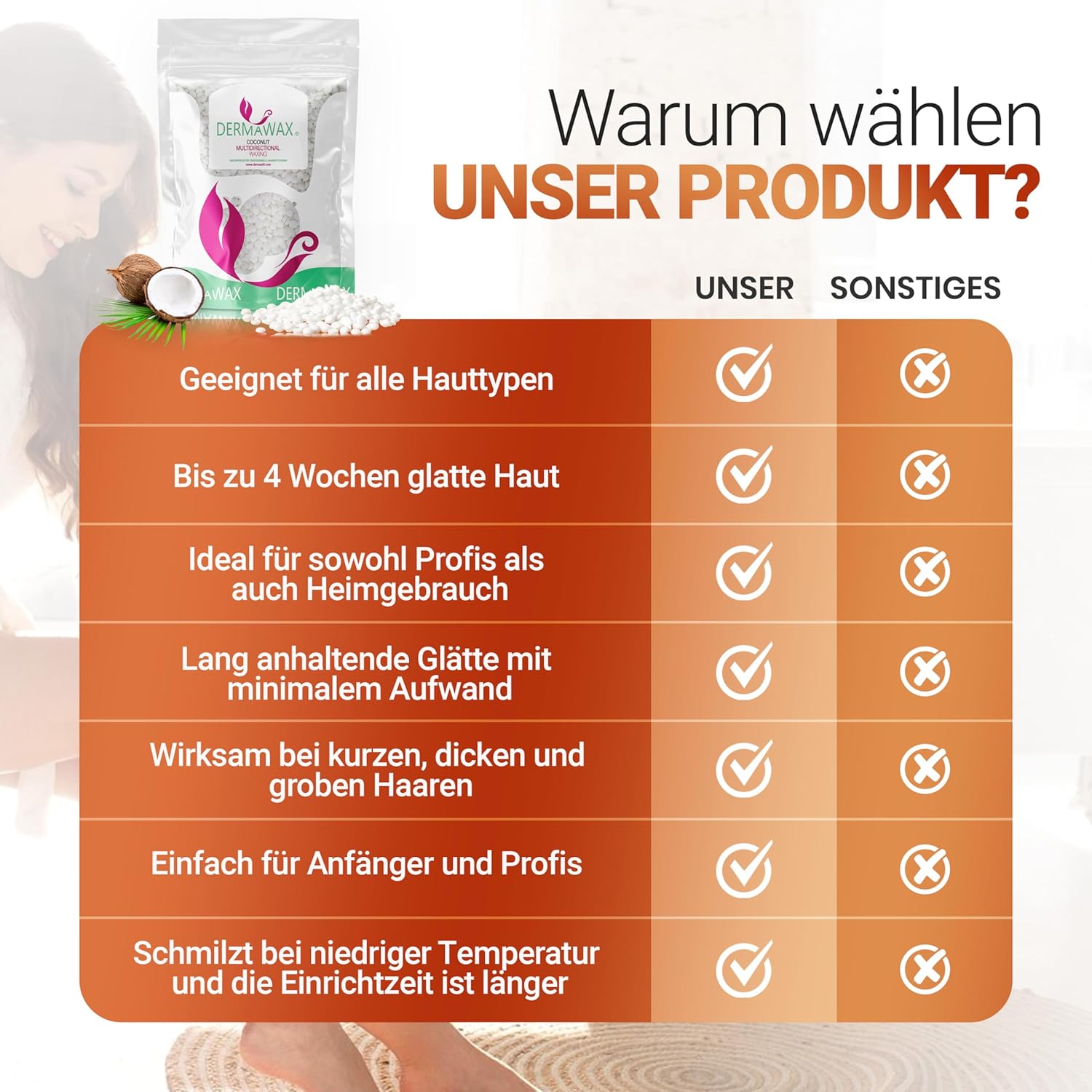 Dermawax Kokosnuss Wachsperlen - hypoallergenes multidirektionales Heißwachs