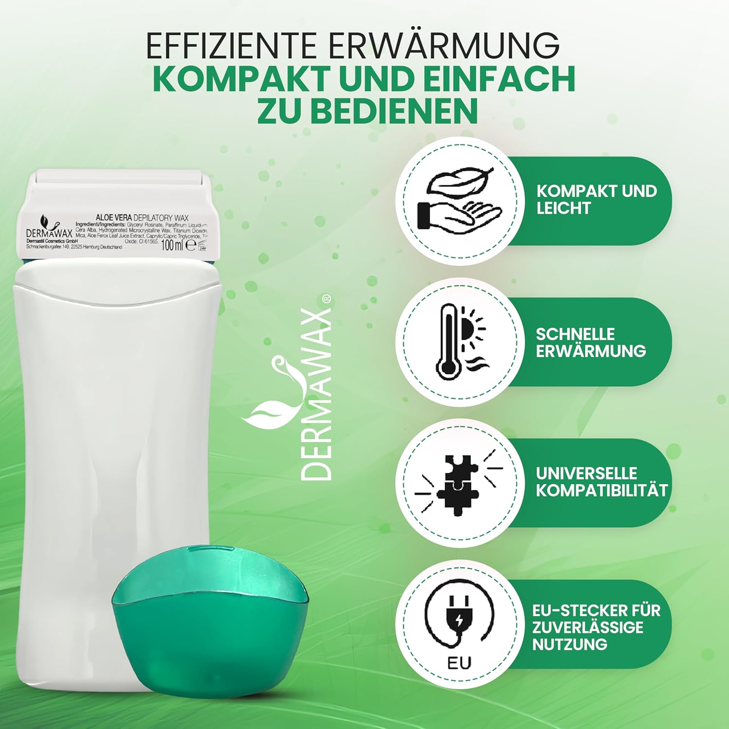Dermawax Roll-On Wachswärmer Set Aloe Vera - 25 W, 100 ml