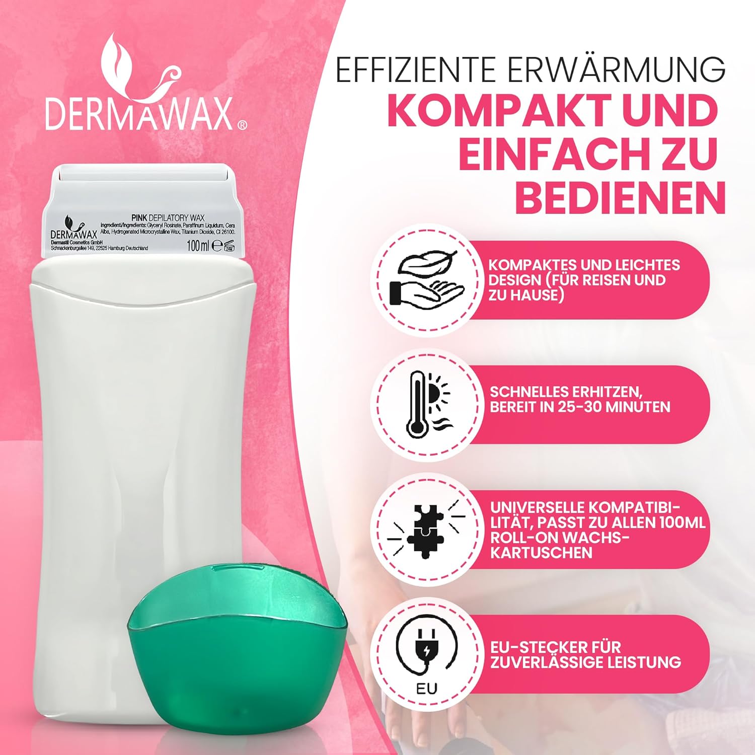 Dermawax Roll-On Wachswärmer Set Pink TiO2 - 25 W, 100 ml