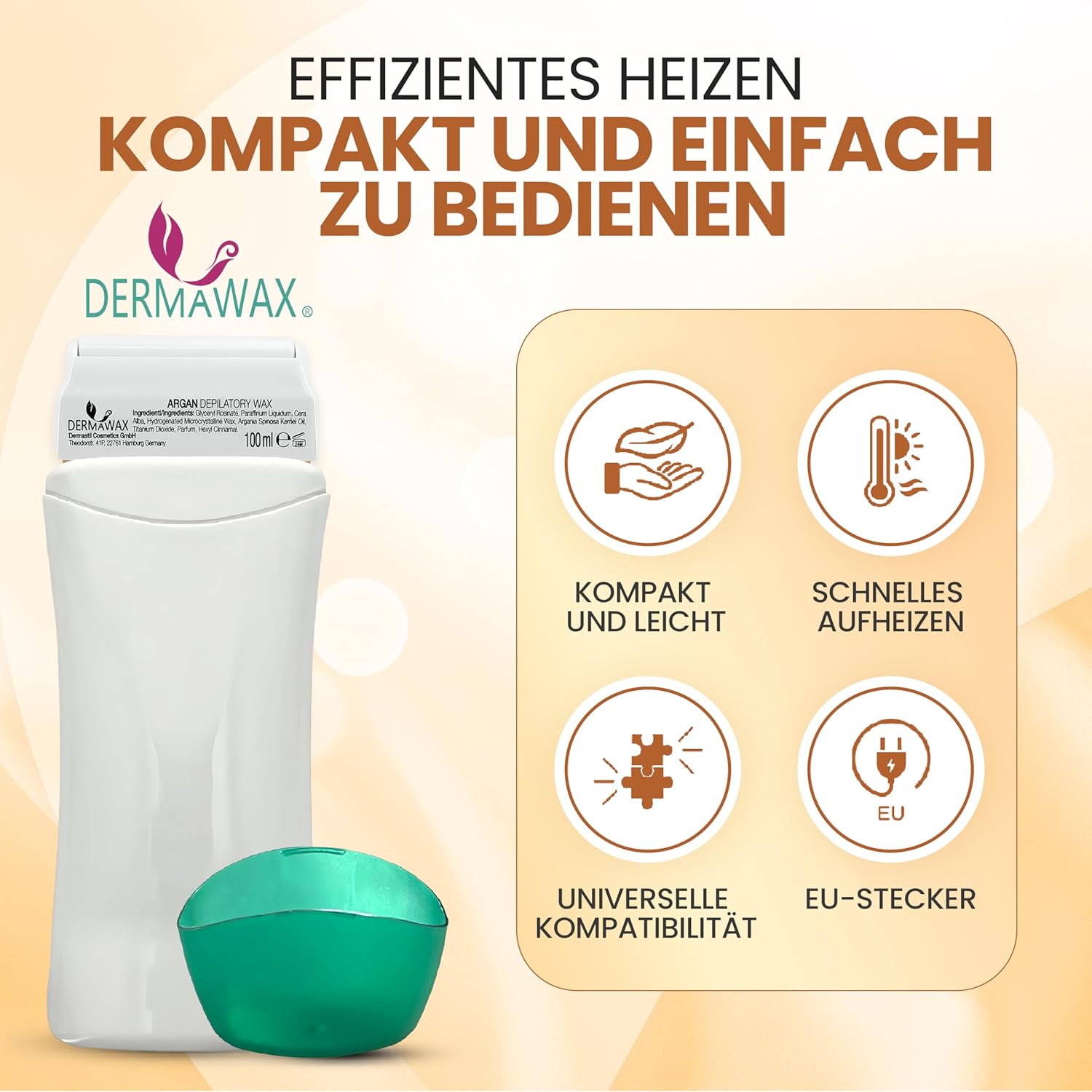 Dermawax Roll-On Wachswärmer Set Argan - 25 W, 100 ml