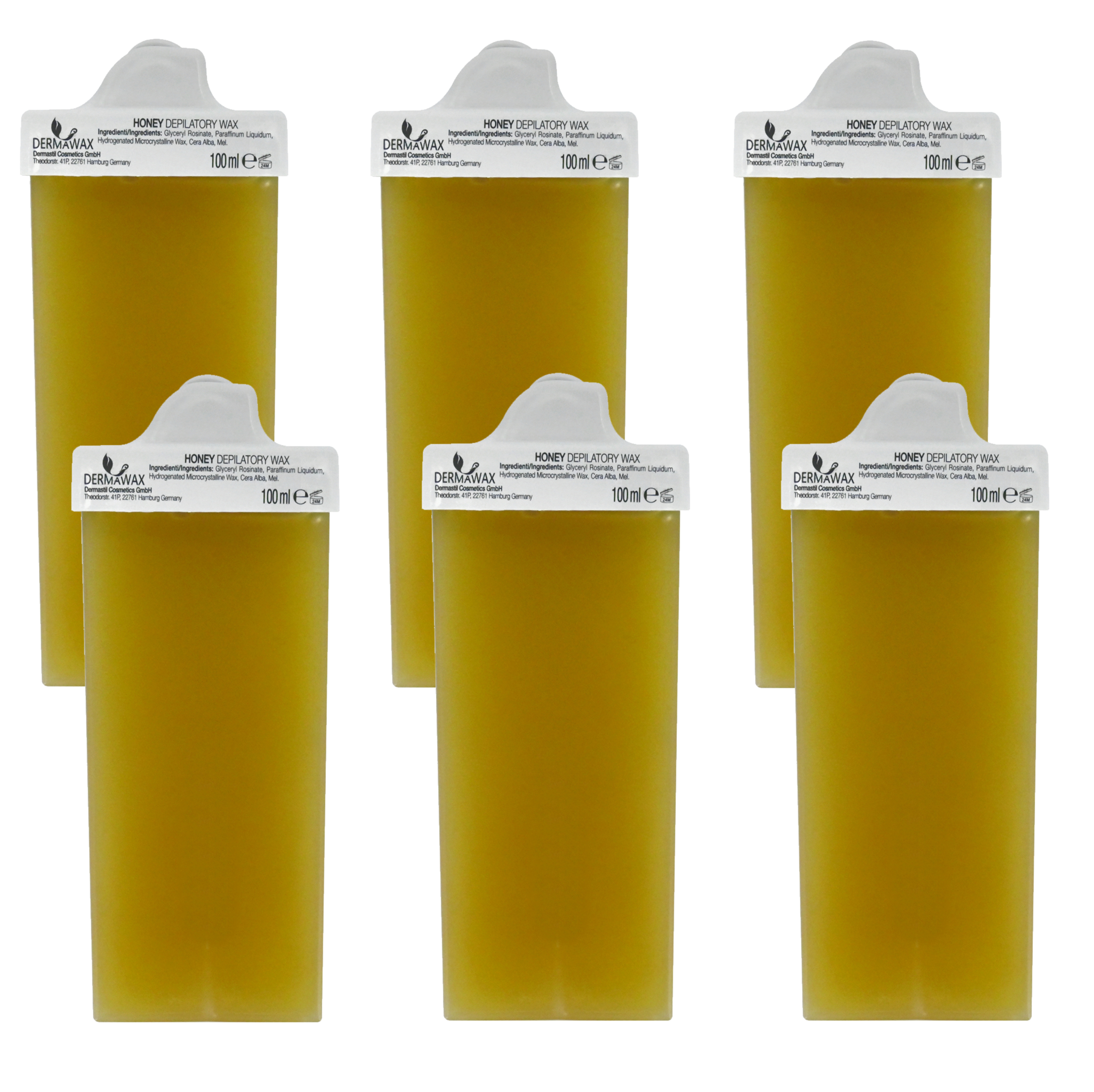 Sechs Dermawax Honig Wachspatronen mit schmaler Rolle
