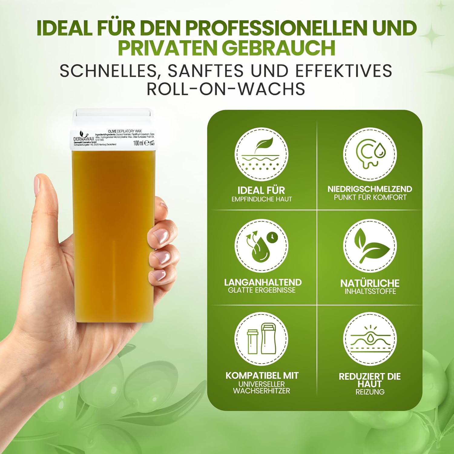 Dermawax Olive Roll-On-Wachspatronen - 6 x 100 ml